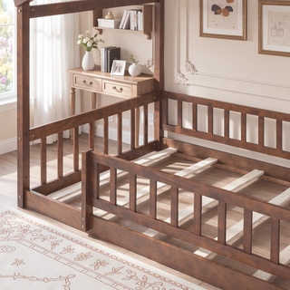 Sunvega Full Size House Bed Frame with Playhouse Fence and Roof for Kids