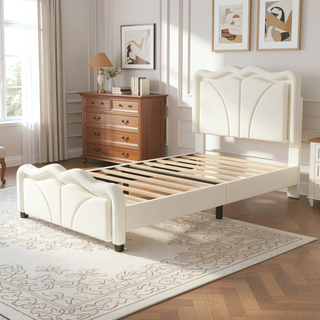 Sunvega Pink Twin Size Upholstered Bed with Height-Adjustable Headboard and LED Light Strips