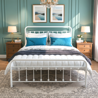 Sunvega Victorian Style Queen Size Metal Platform Bed Frame with Headboard and Under Bed Storage