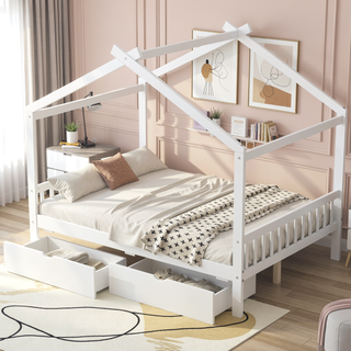 Sunvega Natural Wood Full Size House Platform Bed with Two Storage Drawers