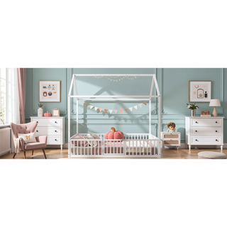Sunvega White Twin Size Metal House Bed with Fence and Door for Kids