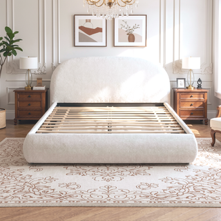 Sunvega Almond White King Upholstered Platform Bed with Arch Puffy Headboard