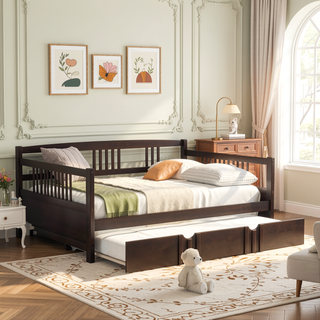Sunvega Full Size Daybed with Twin Trundle Solid Wood Frame for Living Room