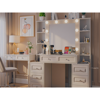 Sunvega Makeup Vanity Desk with Lighted Mirror, Charging Station and 7 Drawers