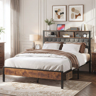 Sunvega Queen Bed Frame with Vintage Shelf Headboard and USB Charging Station