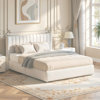 Sunvega Queen Size Ivory Boucle Upholstered Platform Bed with 4 Storage Drawers