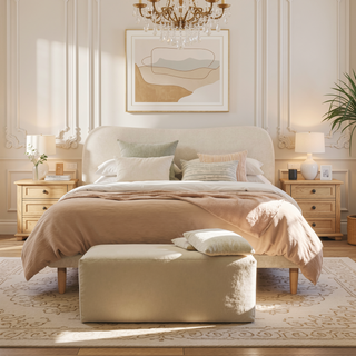 Sunvega King Upholstered Platform Bed with Curved Headboard in Oatmeal Chenille