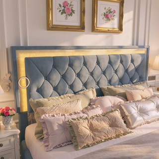 Sunvega Queen Size Upholstered Velvet Bed Frame with LED Lights and Tufted Headboard