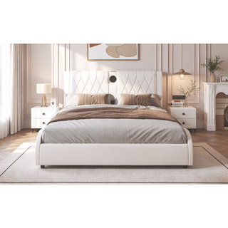 Sunvega Queen Size Faux Leather Platform Bed with RGB LED Lights Bluetooth Speakers