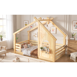 Sunvega White Twin House Floor Bed with Window and Shelf for Kids Room