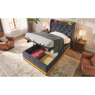 Sunvega Full Size Upholstered Bed with 360 LED Lighting Hydraulic Storage and USB Charging