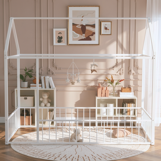 Sunvega Full Size Playhouse Metal Bed Frame with Fence for Kids and Teens