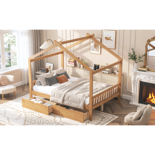 Sunvega Natural Wood Full Size House Platform Bed with Two Storage Drawers