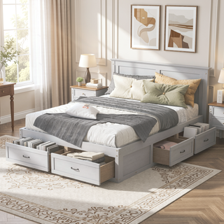 Sunvega Antique Natural Queen Size Platform Bed with 6 Spacious Storage Drawers