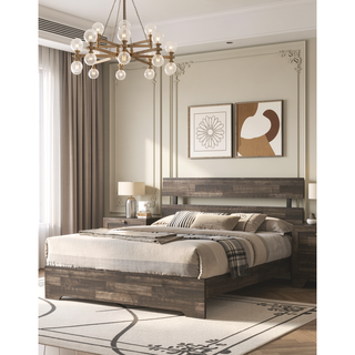 Sunvega Rustic Queen Platform Bed Slat Headboard with Brown Finish Wood Veneers