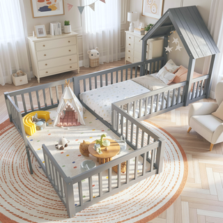 Sunvega Full Size House Floor Bed with Door and Full-Length Guardrails for Kids