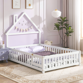 Sunvega Full Size House Shaped Headboard Floor Bed with Safety Fence Guardrails