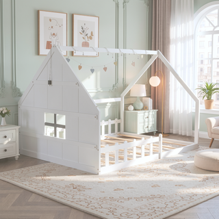 Sunvega Full Size Wood House Bed with Fence Window and LED Lights