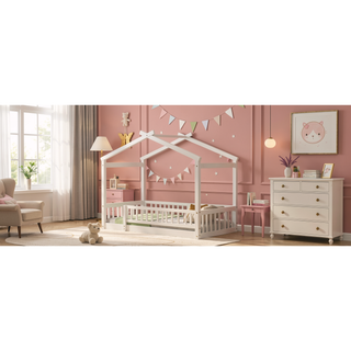 Sunvega Full Size House Bed Frame with Playhouse Fence and Roof for Kids
