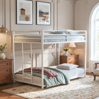 Sunvega Low Bunk Bed with Reversible Ladder and Full Metal Construction in Matte White