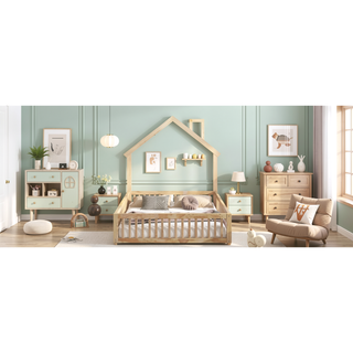 Sunvega White Wood House Platform Bed with Guardrail for Kids Full Size