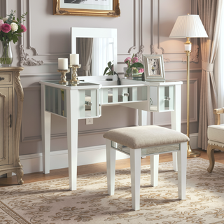 Sunvega Transitional White Solid Wood Vanity Set with Storage Drawers and Padded Stool