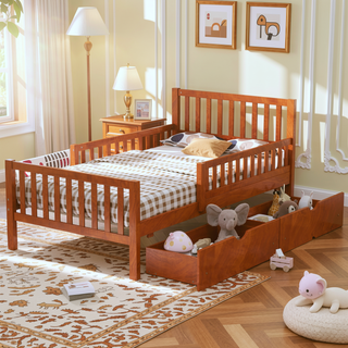 Sunvega Twin Size Walnut Wood Platform Bed with Guardrails and Two Storage Drawers