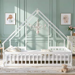 Sunvega Twin Wood House Floor Bed with Guardrail Fence in Grey