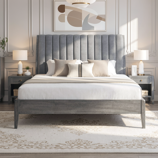 Sunvega Modern Velvet Upholstered Queen Platform Bed with Gray Wood Legs