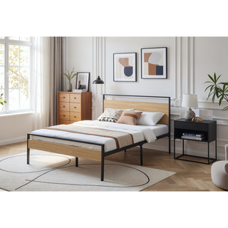 Sunvega Open Frame Metal and Wood Platform Bed with Headboard and Footboard, King, Brown