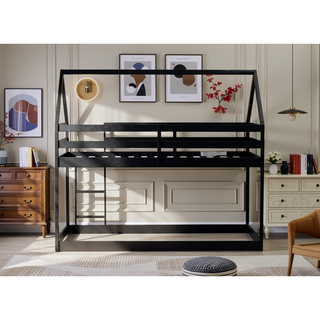 Sunvega Rubber Wood Twin over Twin Bunk Bed with Ladder and Guardrails