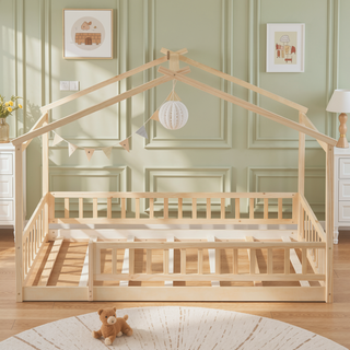 Sunvega Full Size House Bed Frame with Playhouse Fence and Roof for Kids