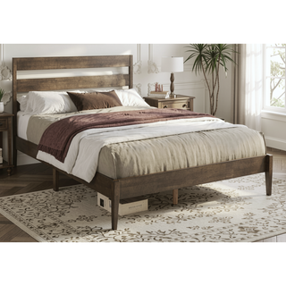 Sunvega Modern Walnut Wood Queen Size Platform Bed Frame with Slatted Headboard