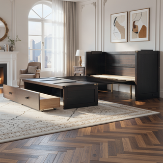 Sunvega Espresso Full Size Murphy Bed with USB Port and Large Drawer for Space Saving
