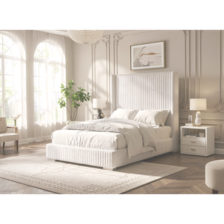 Sunvega Contemporary White Fur Chenille Fabric Mattress Ready Queen Size Bed