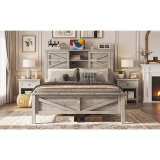 Sunvega Full Size Farmhouse Platform Bed with Double Sliding Barn Door and Charging Station
