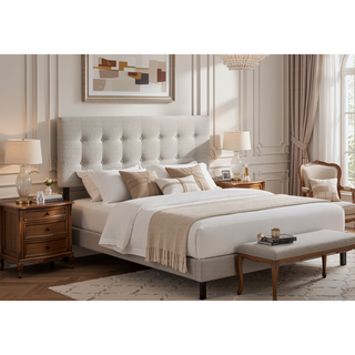 Sunvega Queen Size Upholstered Headboard in Grey Linen Look Fabric