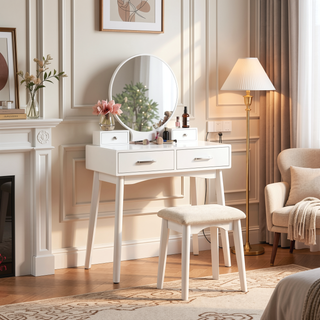 Sunvega Contemporary White Wood Vanity and Stool Set with Round Mirror