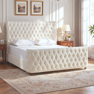 Sunvega Brooklyn King Tufted Panel Bed Headboard and Footboard Set in Caramel Tan Brown