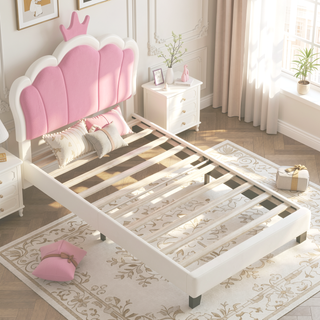 Sunvega Cream Pink Full Size Princess Bed with Crown Headboard and Footboard