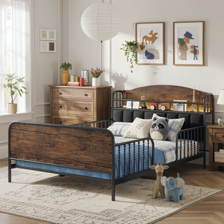 Sunvega Kids Full Metal Bed with Upholstered Headboard LED Lights and Storage
