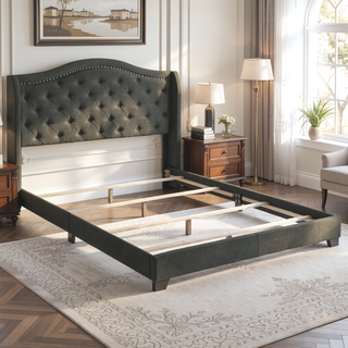 Sunvega Copper Beige Upholstered Queen Wingback Bed with Classic High Back Design