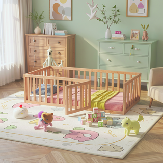 Sunvega Twin Size Wood Floor Bed Frame with Fence and Door in Walnut Finish