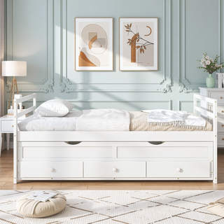 Sunvega Twin Size Pine Wood Bed with Headboard, Footboard, Trundle, and Three Storage Drawers