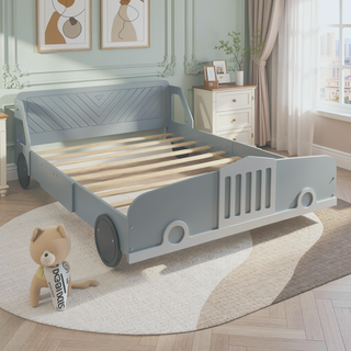 Sunvega Blue Twin Size Car-Shaped Platform Bed with Wheels for Kids