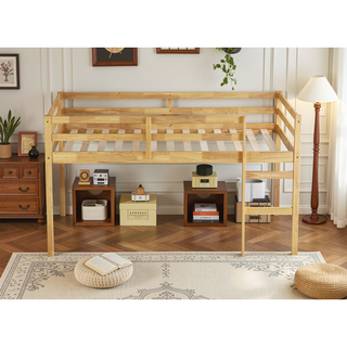 Sunvega Espresso Rubber Wood Low Height Loft Bed with Ladder for Bedroom