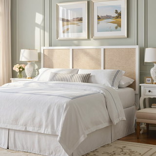 Sunvega White Painted Cane Panel Coastal Queen Full Headboard with Adjustable Height