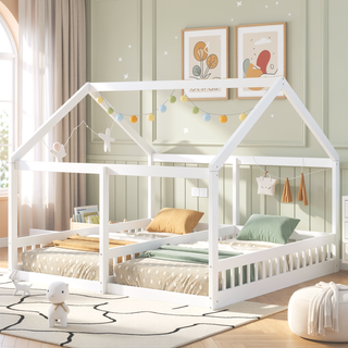 Sunvega Twin Size House Shaped Platform Beds with Safety Guardrails and Roof