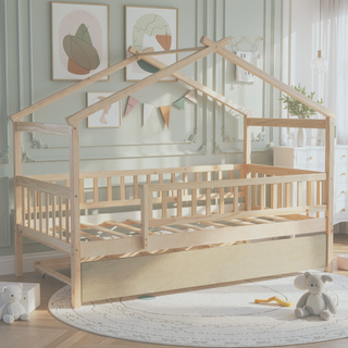 Sunvega Twin Size Wooden House Bed with Trundle and Headboard in Walnut