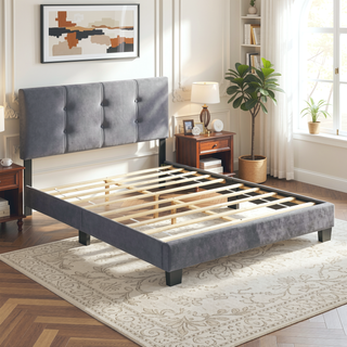 Sunvega Light Brown Velvet Upholstered Queen Platform Bed with Adjustable Height Headboard